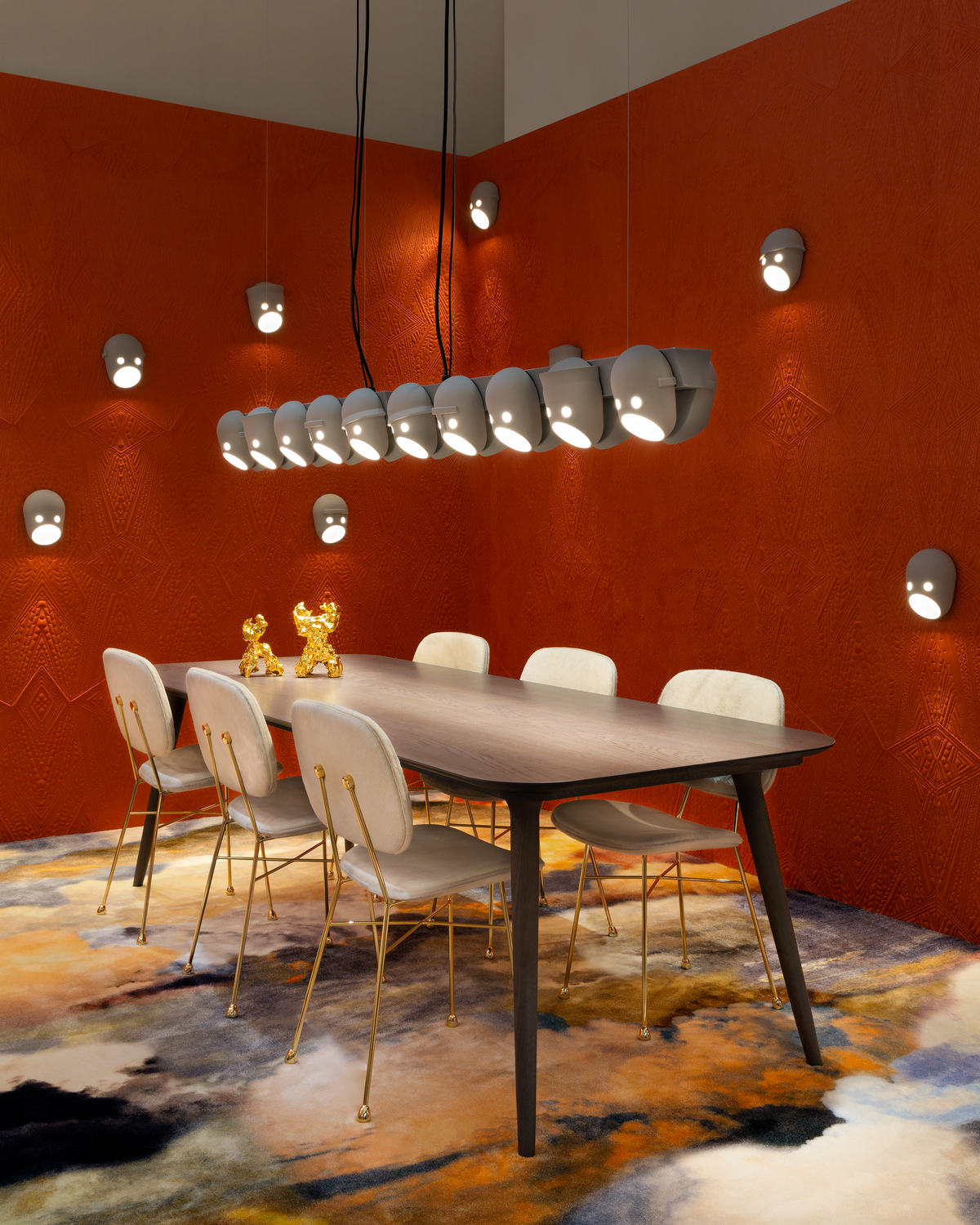 Interior Milan 2019 with The Party suspension light, The Party Wall Lamp and The Golden Chair